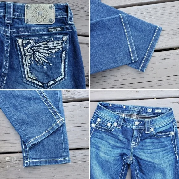 Miss Me Signature Buckle Low Rise Skinny Angel Wing Bling Stretch Jeans